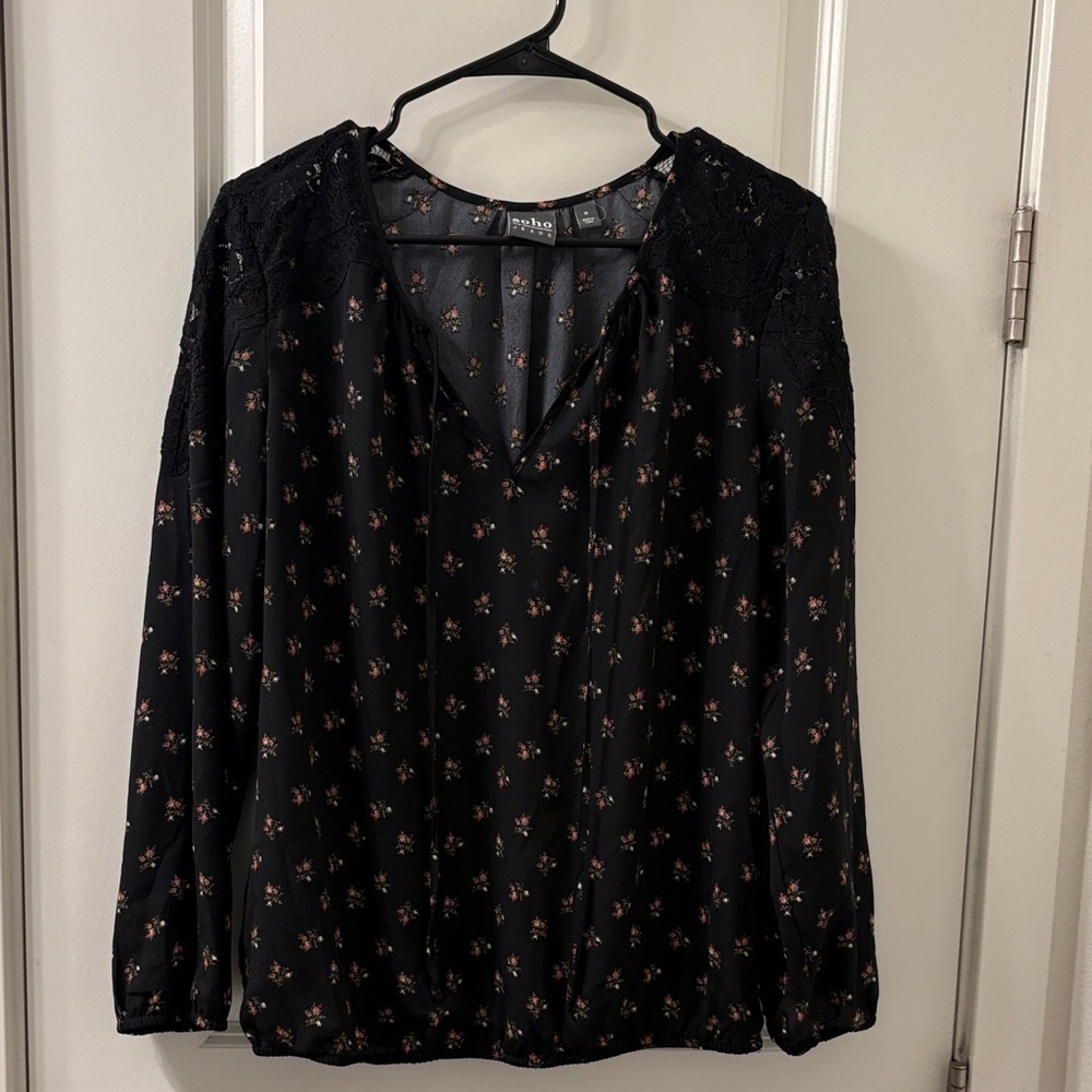New York & Company Black Blouse with Pink Floral Pattern
